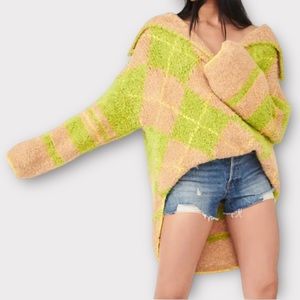Free People Sunshine To Follow Sweater Poncho XS Argyle Boho Boucle Nubby NWT